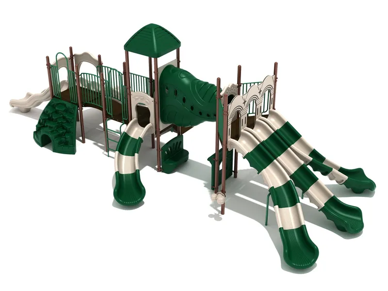 NVB Anniversary Grant Playground in the Neutral color option — natural greens and tans, front view