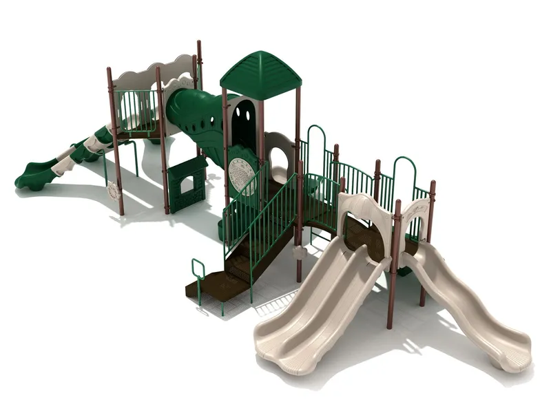 NVB Anniversary Grant Playground in the Neutral color option — side view showing slides and climbers