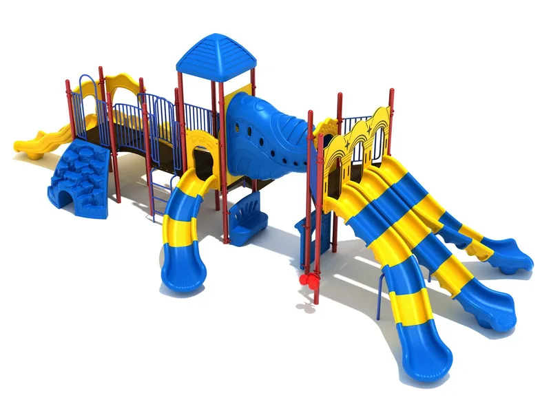 NVB Anniversary Grant Playground in the Primary color option — bold blue and yellow, front view