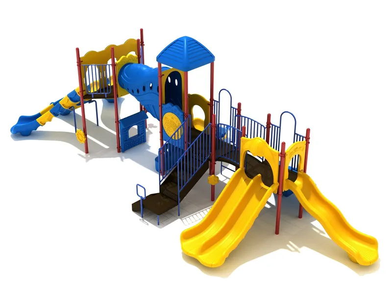NVB Anniversary Grant Playground in the Primary color option — side view showing slides and climbers