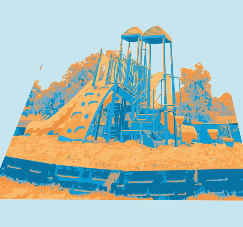 A community playground with a modest-height play structure surrounded by safety surfacing