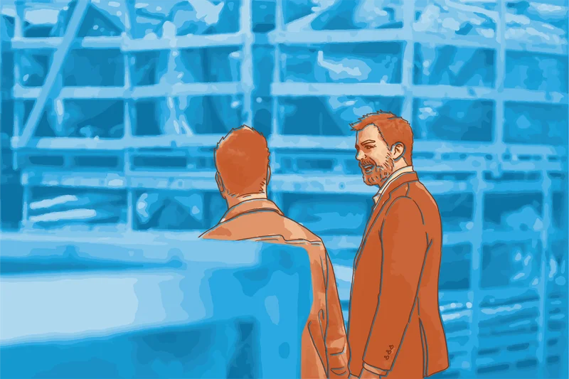 Illustration of two people in a warehouse with metal equipment