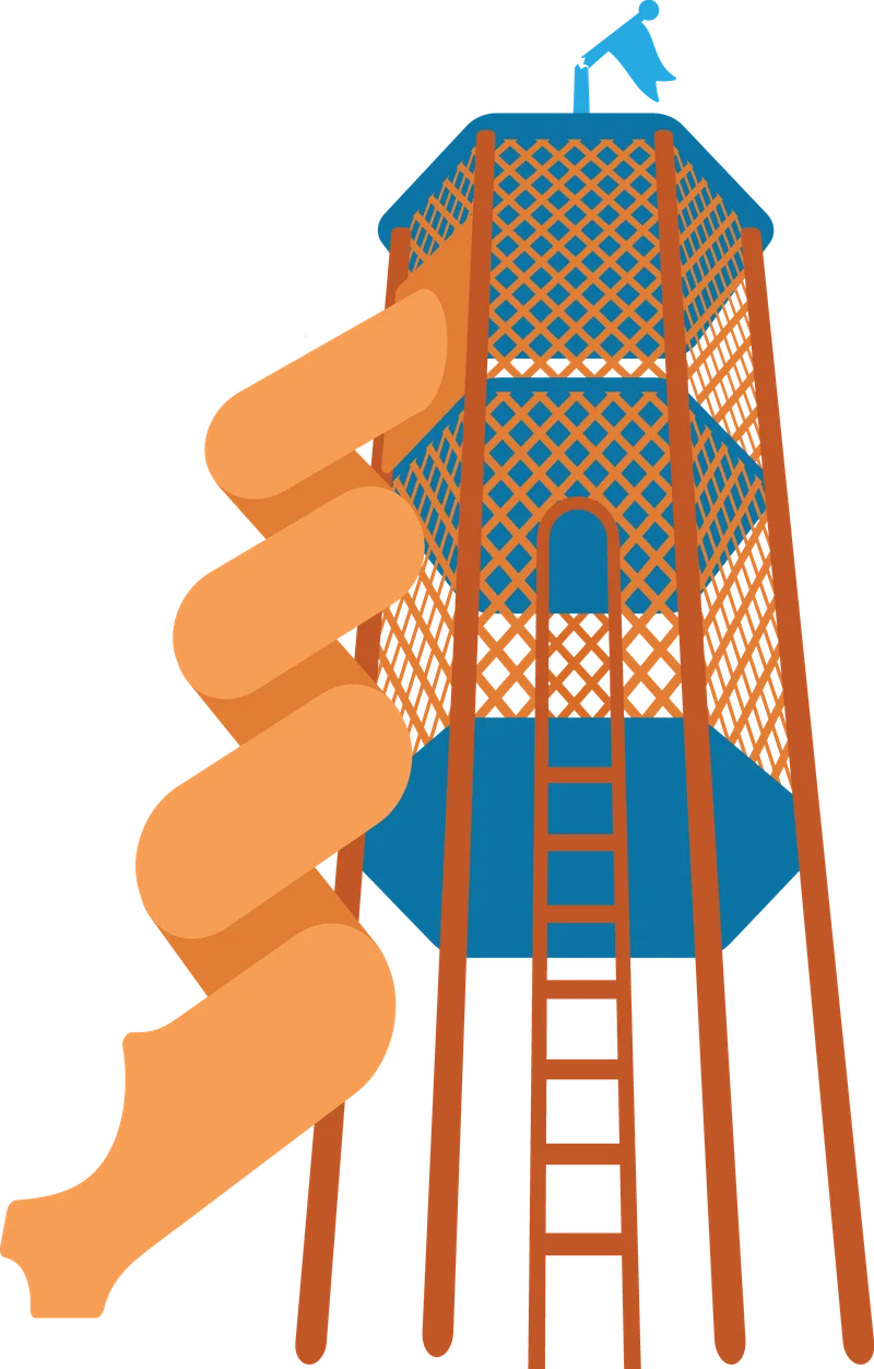 Illustration of an extremely tall netted play tower with a spiral slide and a long ladder