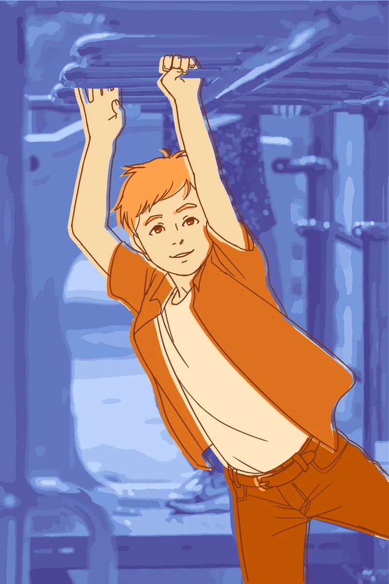 Illustration of a child testing their strength while hanging from overhead playground bars