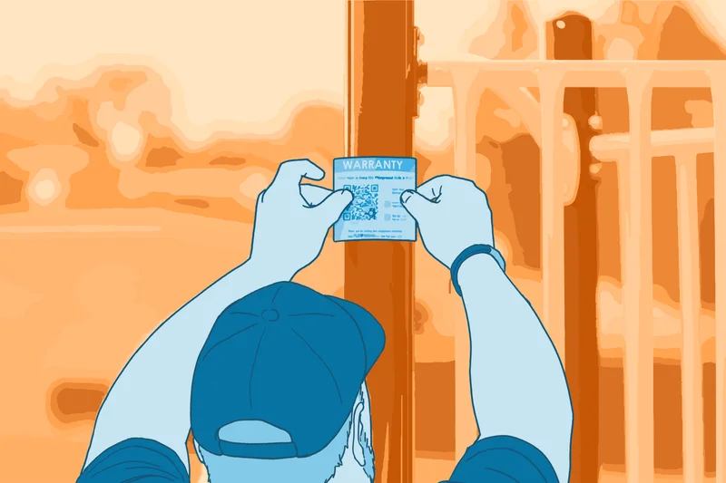 Person placing a warranty sticker on a playground post