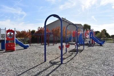 swing set on wood fiber mulch